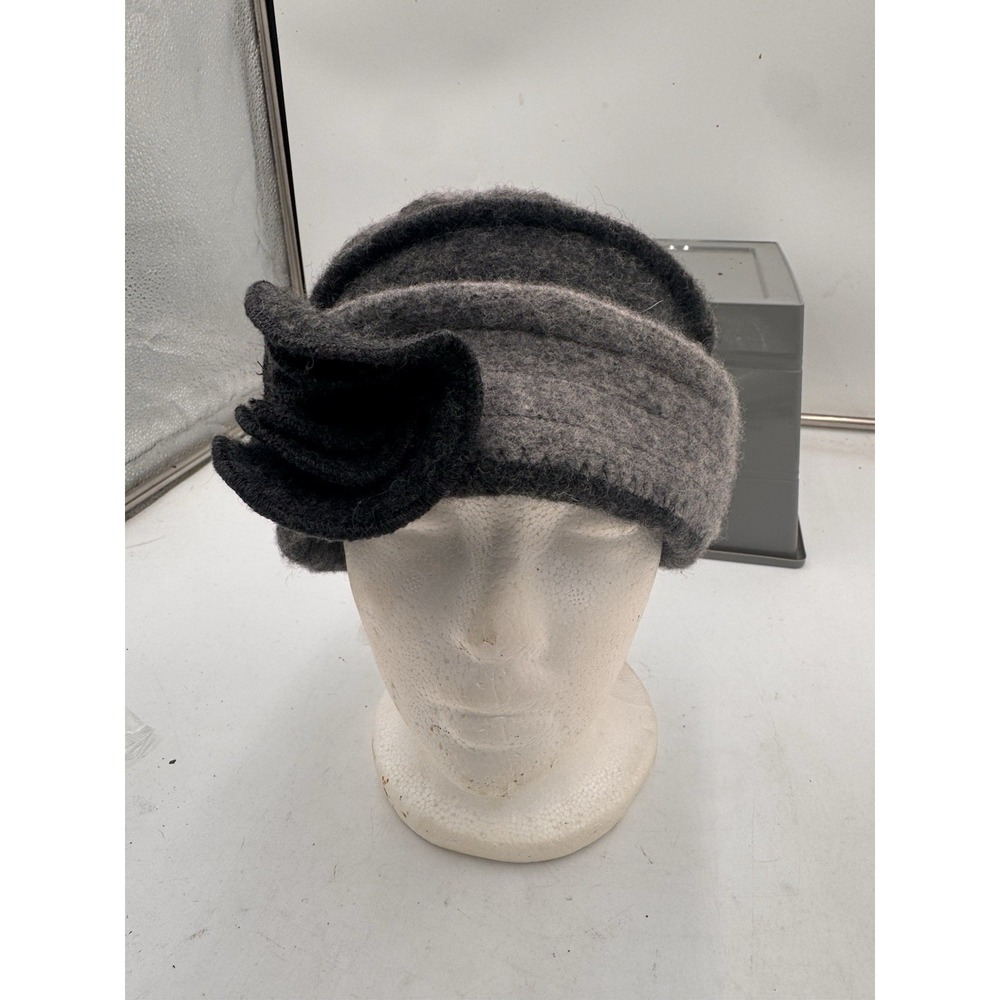 100% Wool Cloche Hat Gray Black Flower Rosette Art Deco Flapper Womens Winter